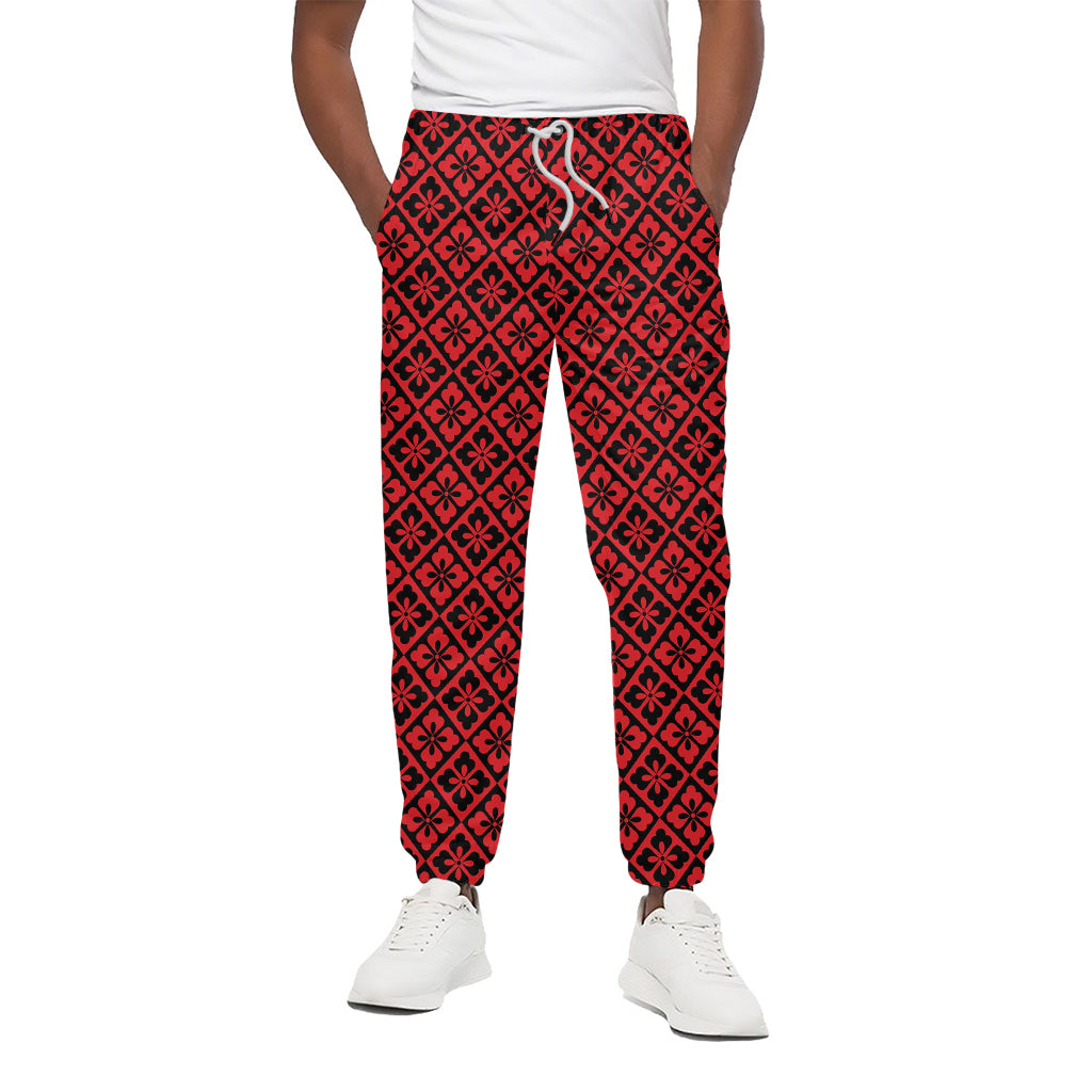 Red And Black Japanese Pattern Print Cotton Pants