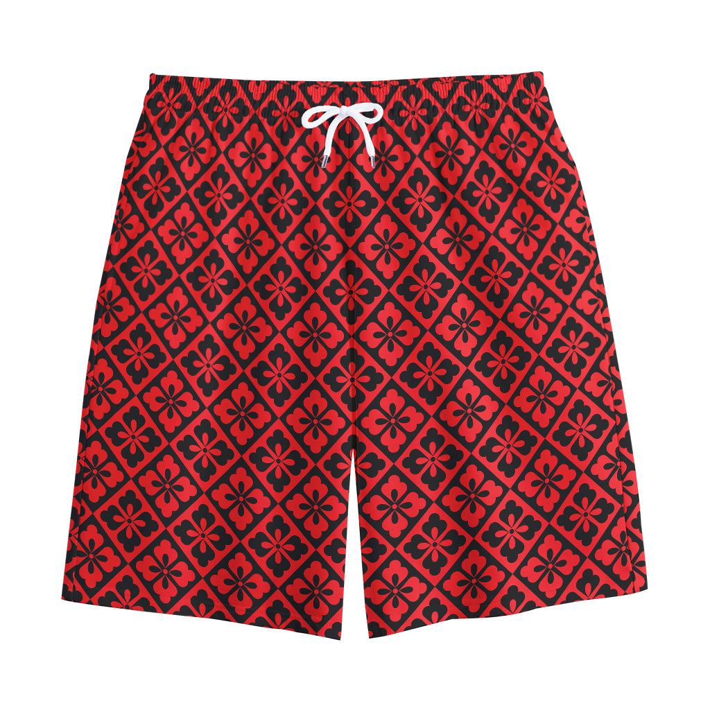 Red And Black Japanese Pattern Print Cotton Shorts