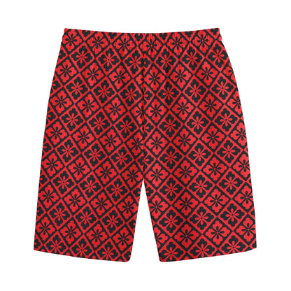 Red And Black Japanese Pattern Print Cotton Shorts