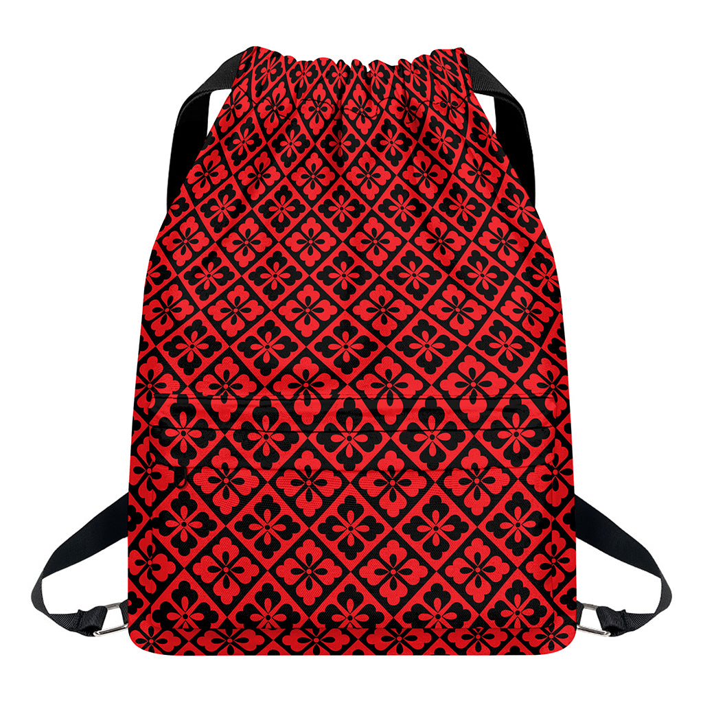 Red And Black Japanese Pattern Print Drawstring Backpack