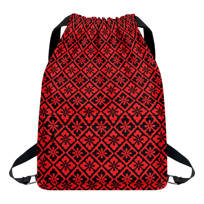 Red And Black Japanese Pattern Print Drawstring Backpack
