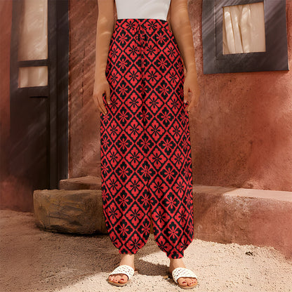 Red And Black Japanese Pattern Print Harem Pants