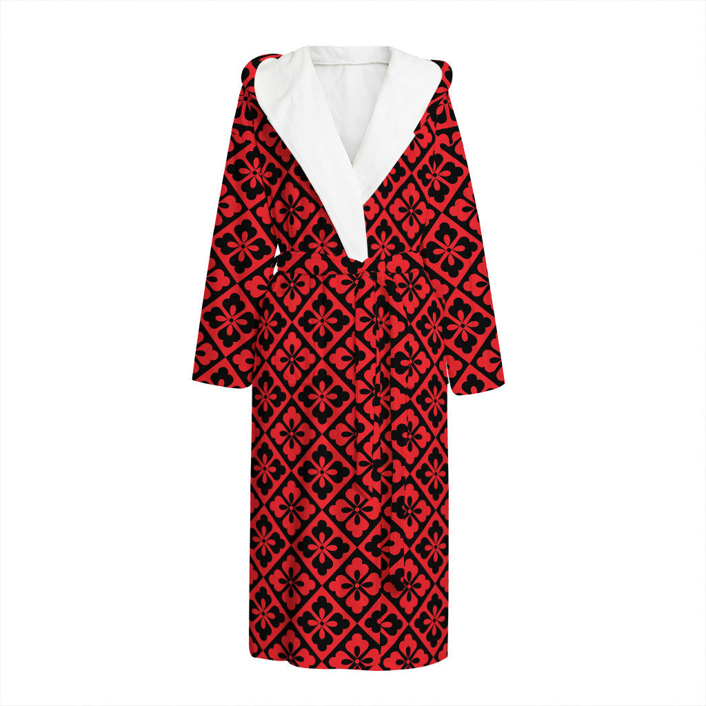 Red And Black Japanese Pattern Print Hooded Bathrobe