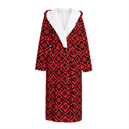 Red And Black Japanese Pattern Print Hooded Bathrobe
