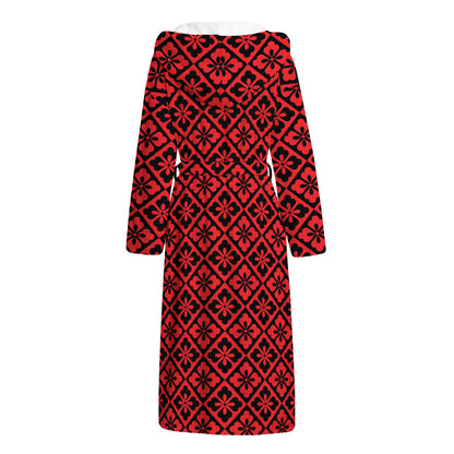 Red And Black Japanese Pattern Print Hooded Bathrobe