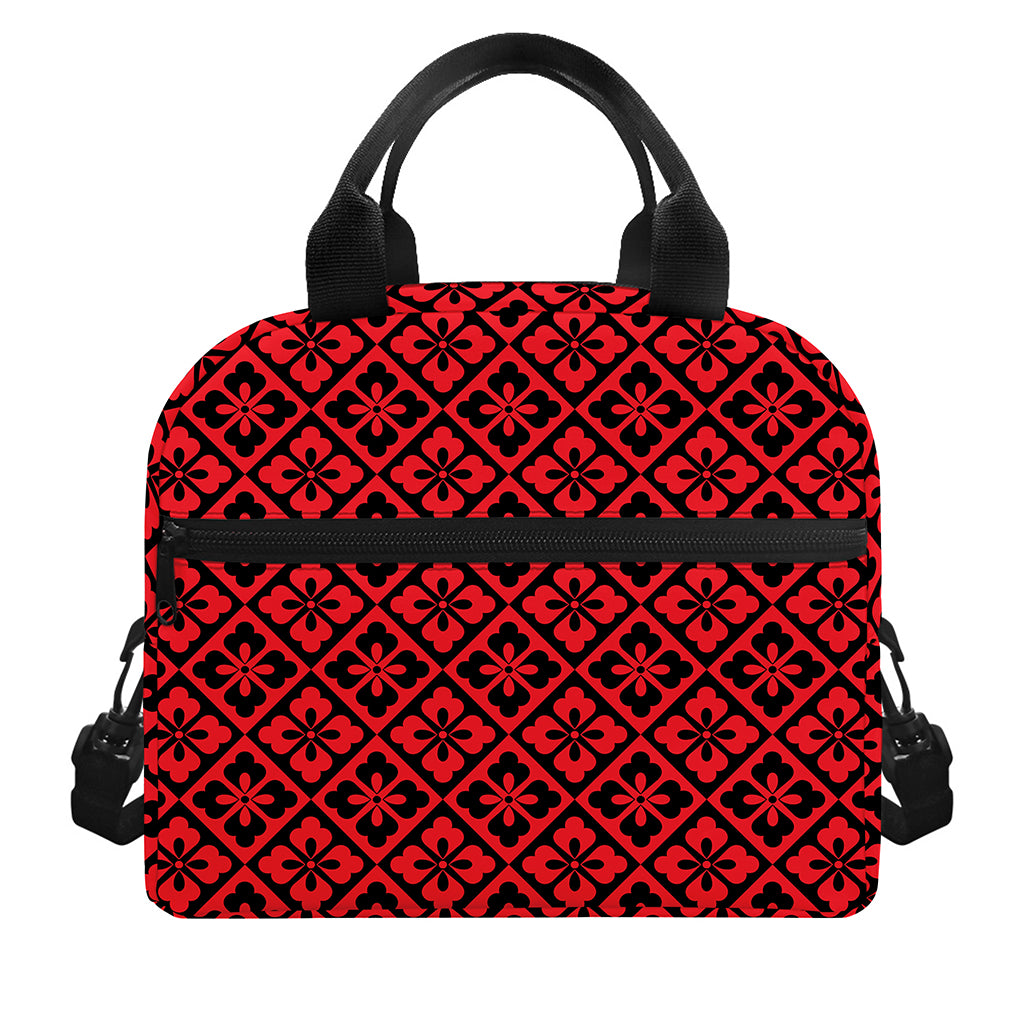Red And Black Japanese Pattern Print Insulated Lunch Bag