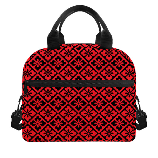 Red And Black Japanese Pattern Print Insulated Lunch Bag