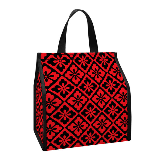 Red And Black Japanese Pattern Print Insulated Lunch Tote