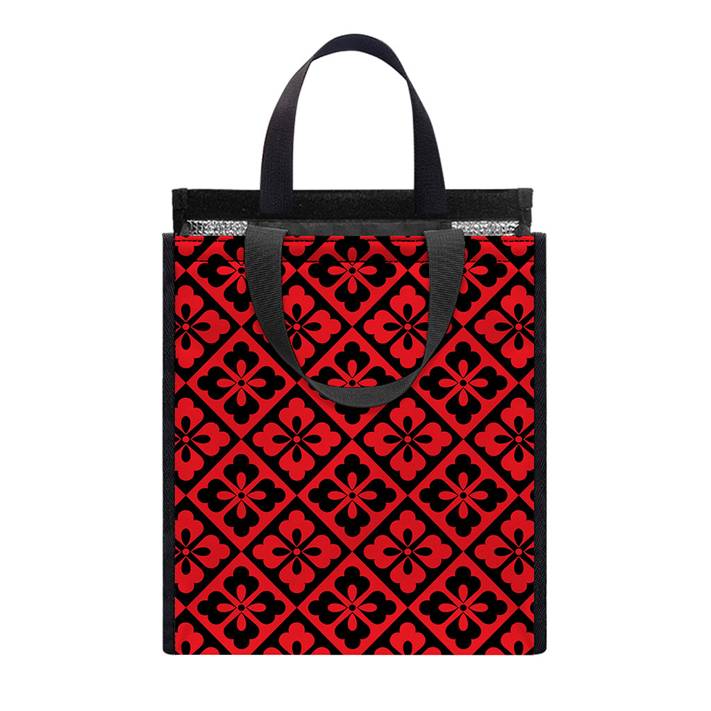 Red And Black Japanese Pattern Print Insulated Lunch Tote