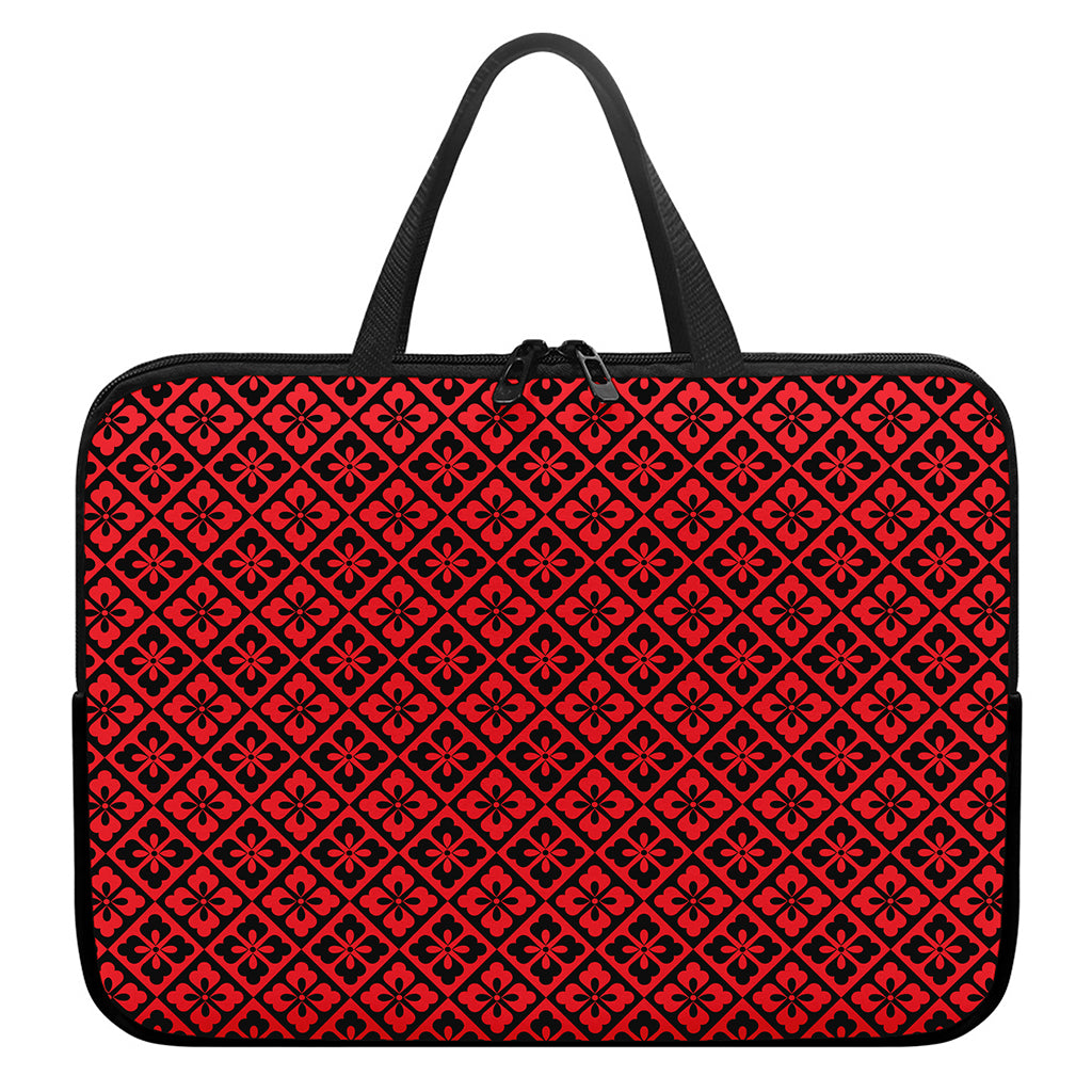 Red And Black Japanese Pattern Print Laptop Sleeve With Handle