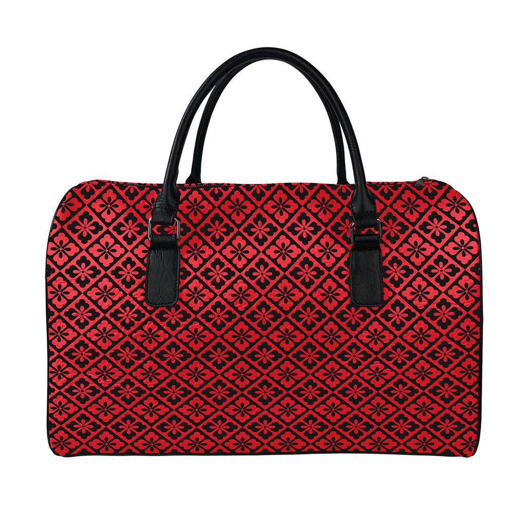 Red And Black Japanese Pattern Print Leather Duffle Bag