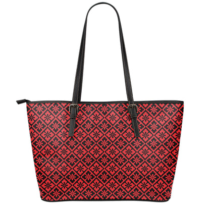 Red And Black Japanese Pattern Print Leather Tote Bag