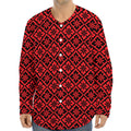 Red And Black Japanese Pattern Print Long Sleeve Baseball Jersey