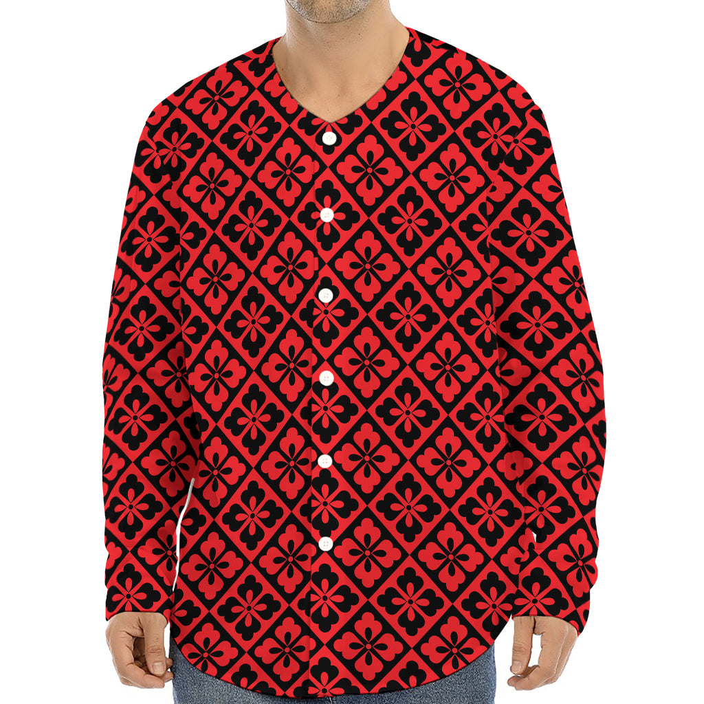 Red And Black Japanese Pattern Print Long Sleeve Baseball Jersey