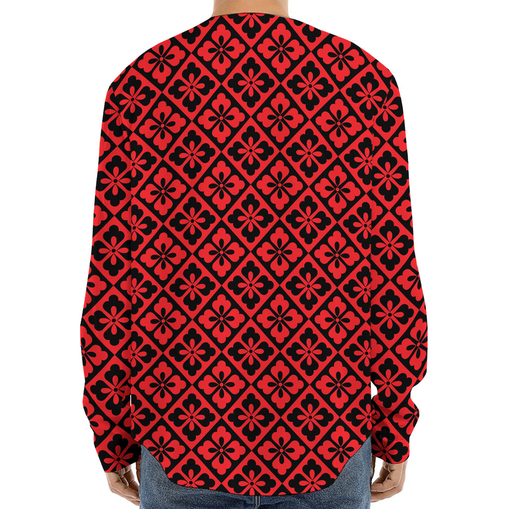 Red And Black Japanese Pattern Print Long Sleeve Baseball Jersey