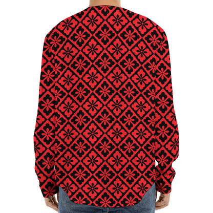 Red And Black Japanese Pattern Print Long Sleeve Baseball Jersey