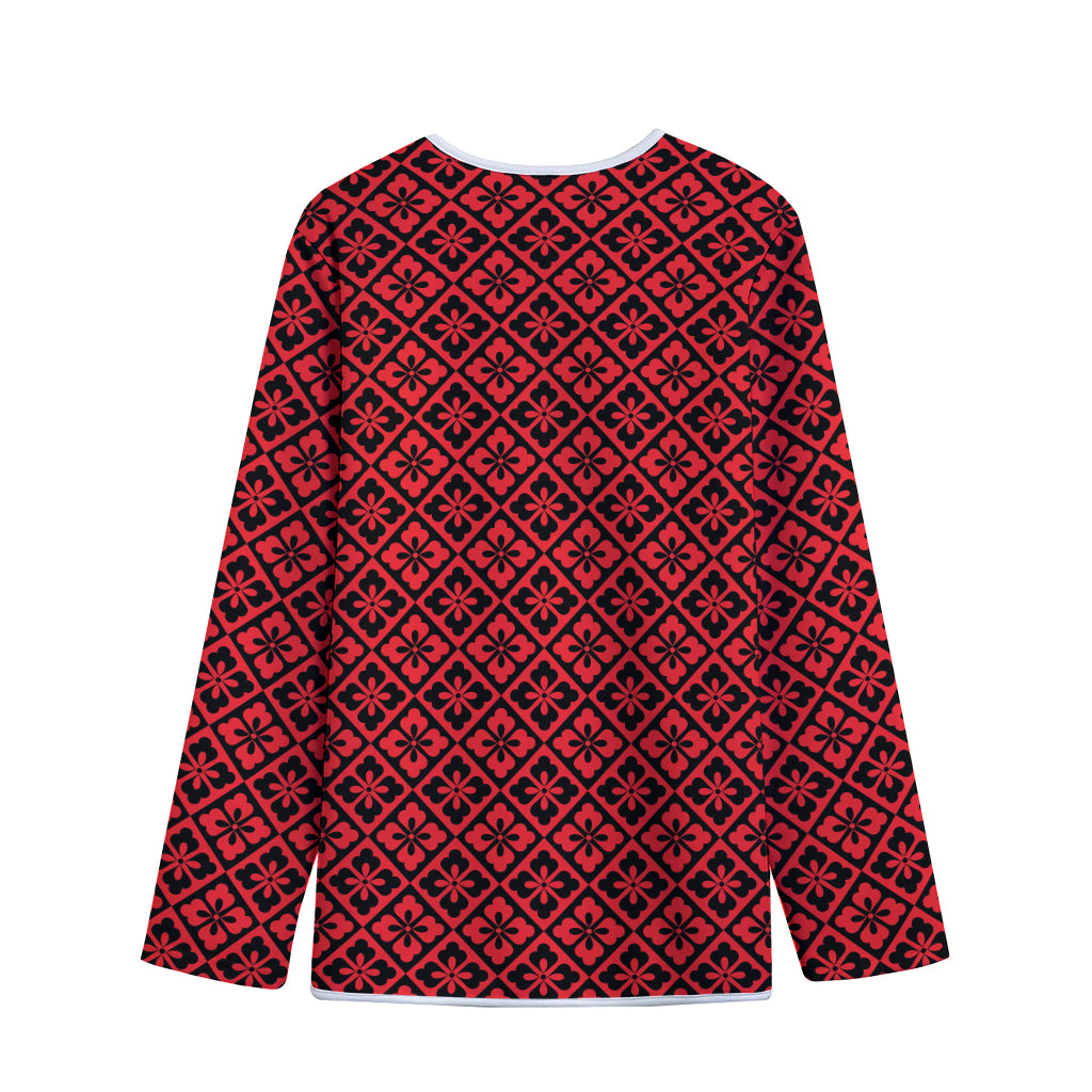 Red And Black Japanese Pattern Print Long Sleeve Short Coat