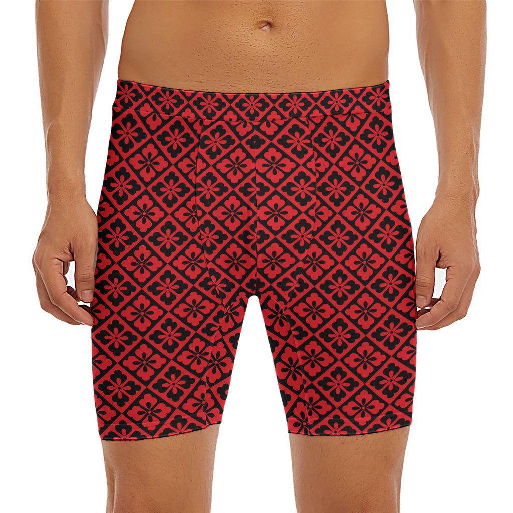 Red And Black Japanese Pattern Print Men's Long Boxer Briefs