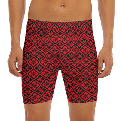 Red And Black Japanese Pattern Print Men's Long Boxer Briefs