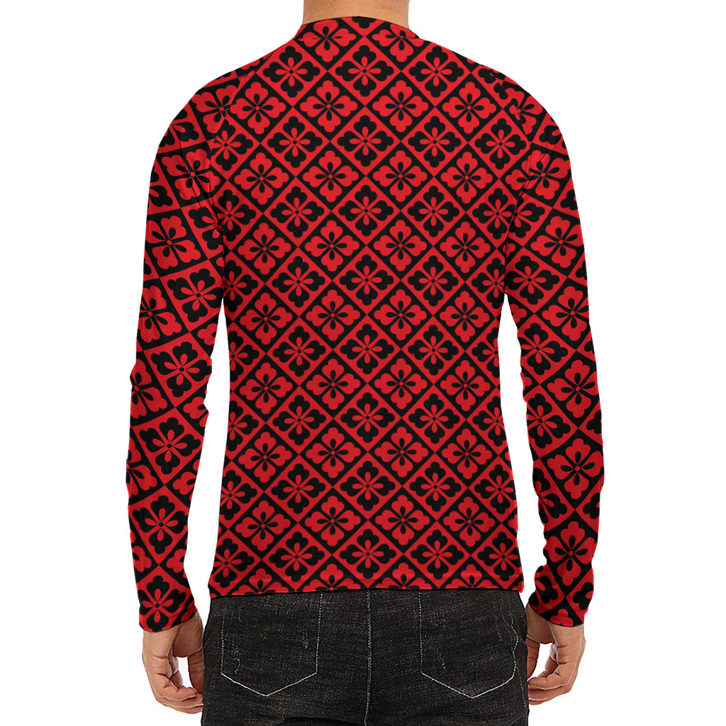 Red And Black Japanese Pattern Print Men's Long Sleeve Rash Guard