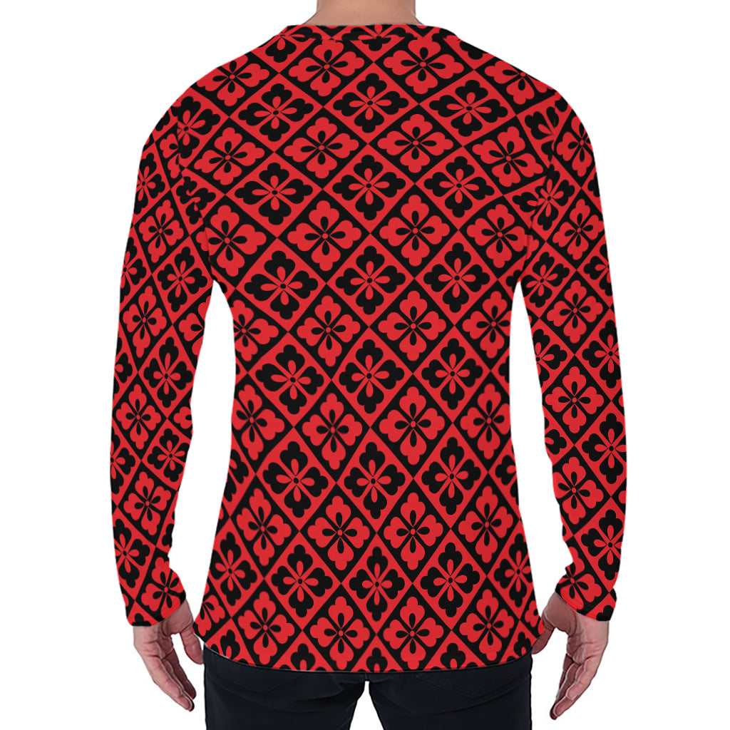 Red And Black Japanese Pattern Print Men's Long Sleeve T-Shirt