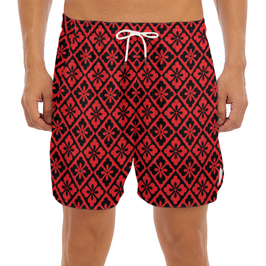 Red And Black Japanese Pattern Print Men's Split Running Shorts