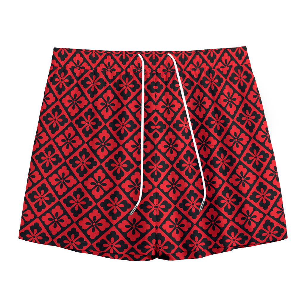 Red And Black Japanese Pattern Print Mesh Shorts