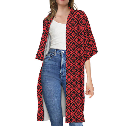 Red And Black Japanese Pattern Print Open Front Beach Cover Up