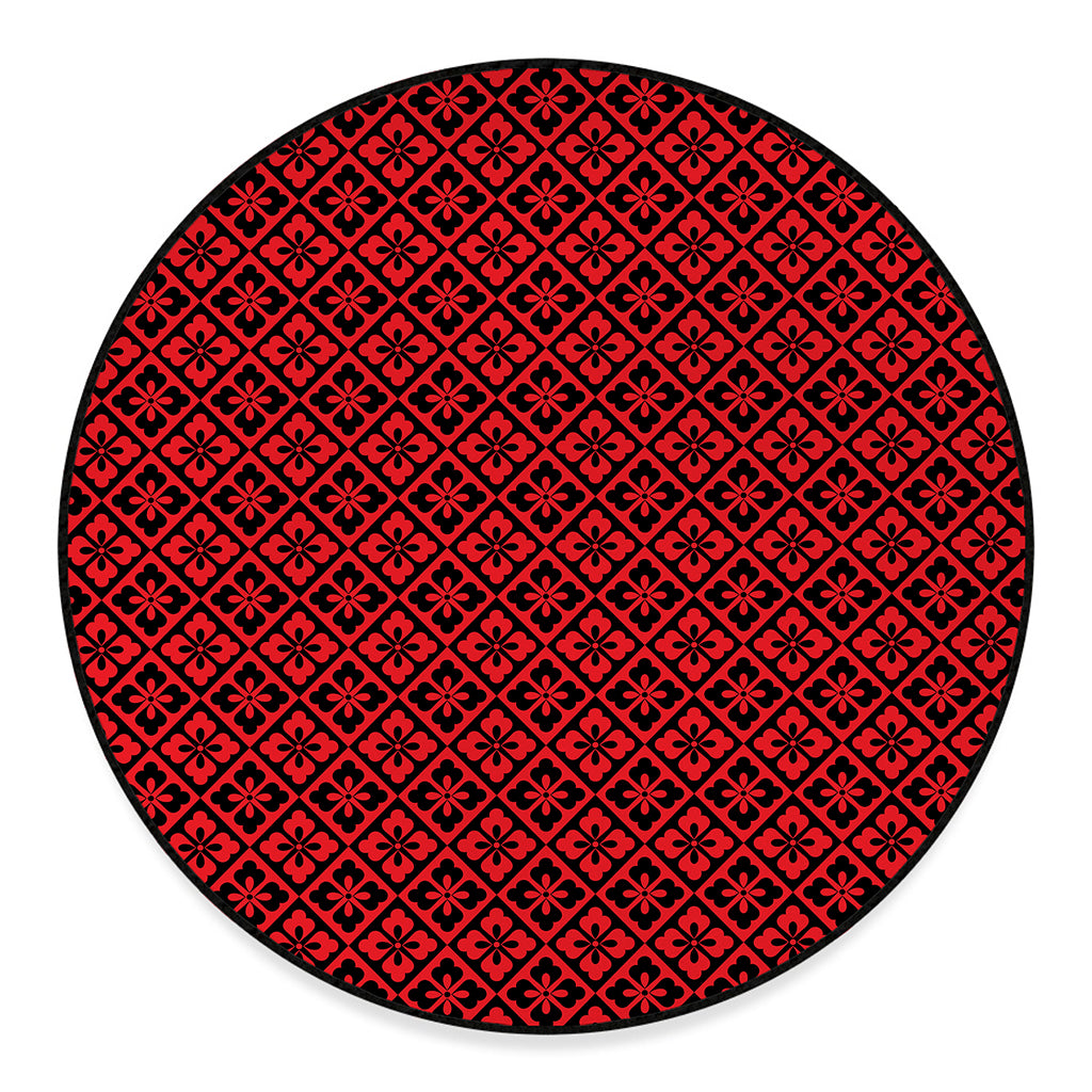Red And Black Japanese Pattern Print Round Floor Mat