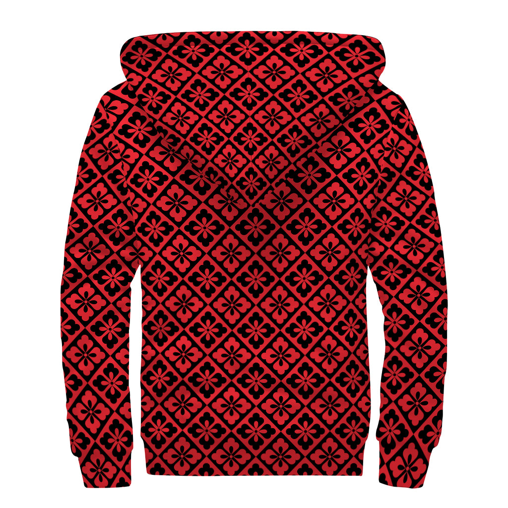 Red And Black Japanese Pattern Print Sherpa Lined Zip Up Hoodie