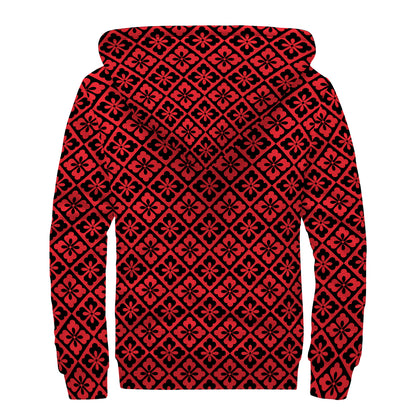 Red And Black Japanese Pattern Print Sherpa Lined Zip Up Hoodie