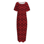 Red And Black Japanese Pattern Print Short Sleeve Long Nightdress