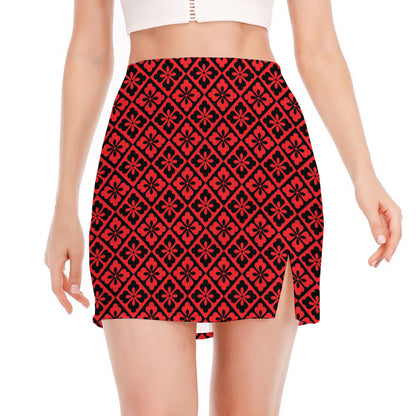 Red And Black Japanese Pattern Print Side Slit Mini Skirt