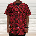 Red And Black Japanese Pattern Print Textured Short Sleeve Shirt