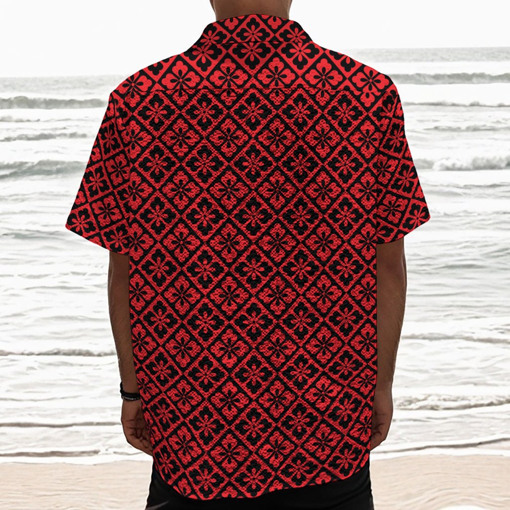 Red And Black Japanese Pattern Print Textured Short Sleeve Shirt