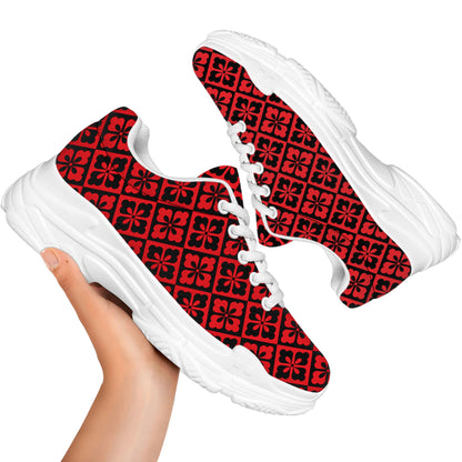 Red And Black Japanese Pattern Print White Chunky Shoes