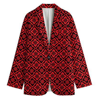 Red And Black Japanese Pattern Print Women's Cotton Blazer