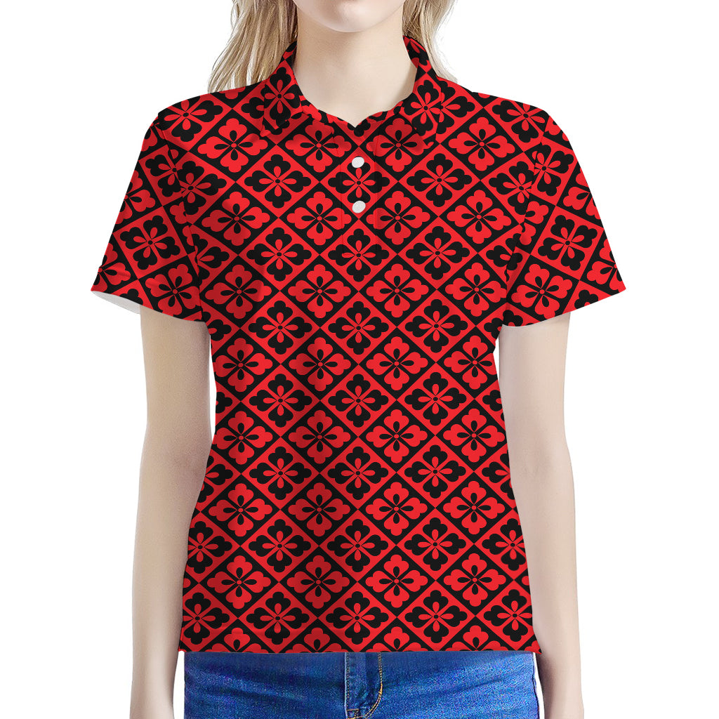 Red And Black Japanese Pattern Print Women's Polo Shirt