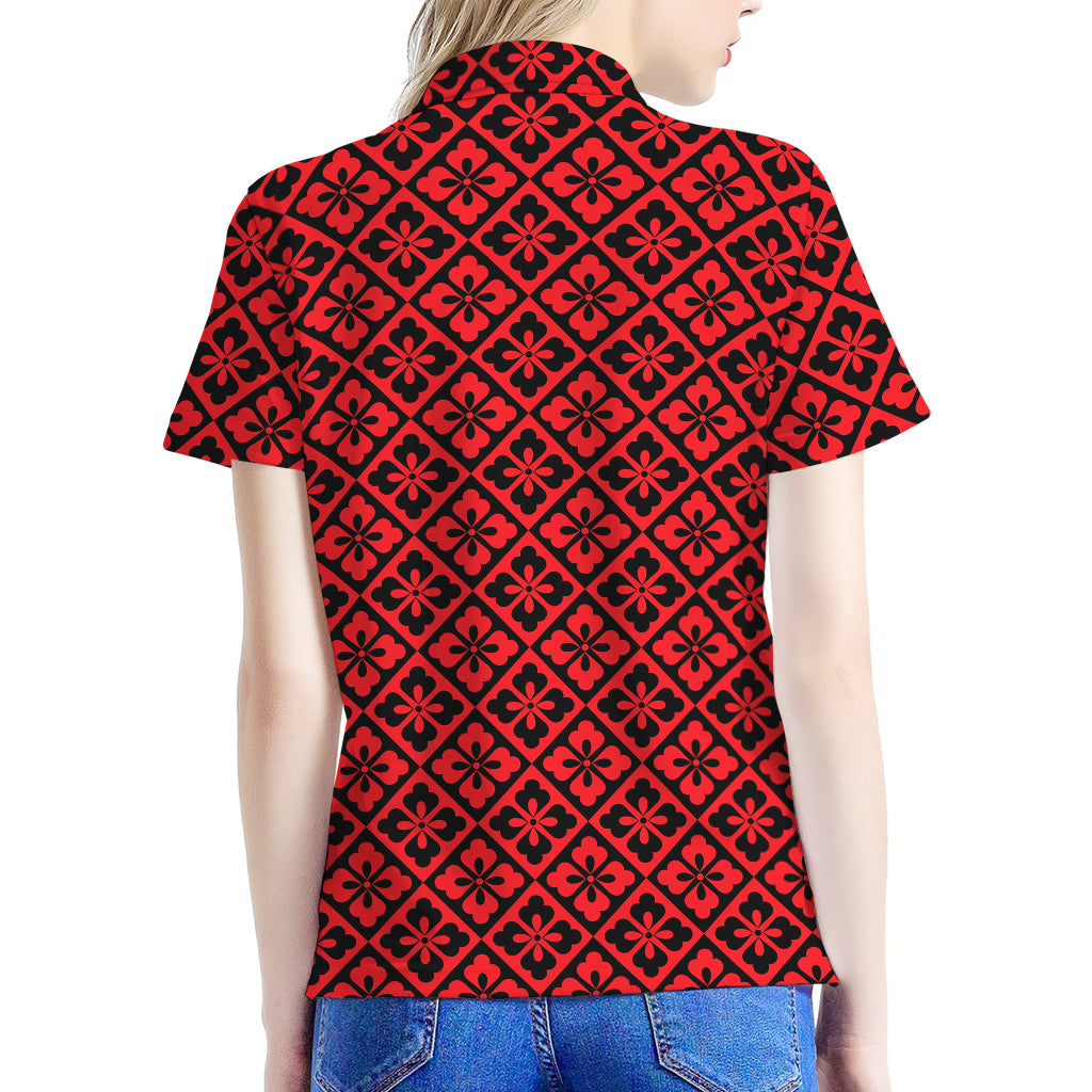 Red And Black Japanese Pattern Print Women's Polo Shirt