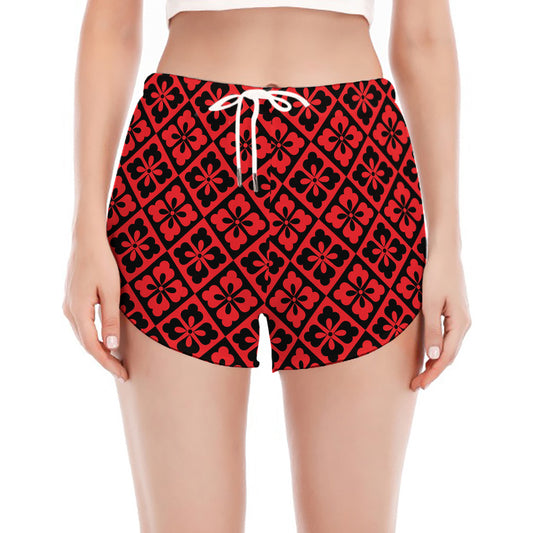 Red And Black Japanese Pattern Print Women's Split Running Shorts