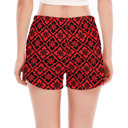 Red And Black Japanese Pattern Print Women's Split Running Shorts
