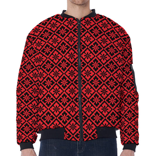 Red And Black Japanese Pattern Print Zip Sleeve Bomber Jacket