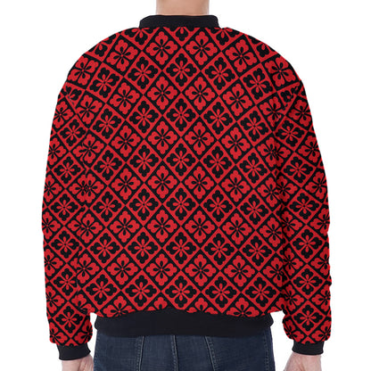 Red And Black Japanese Pattern Print Zip Sleeve Bomber Jacket