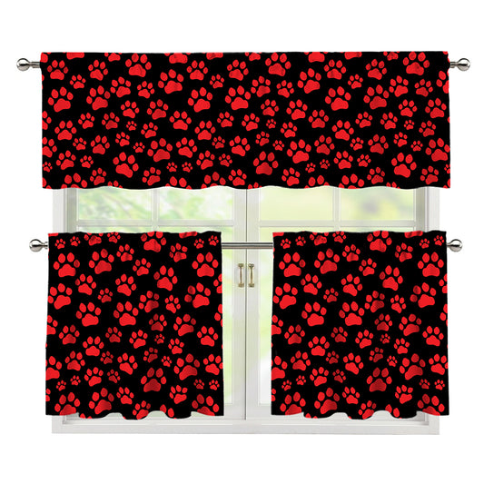 Red And Black Paw Pattern Print 3 Piece Kitchen Curtains