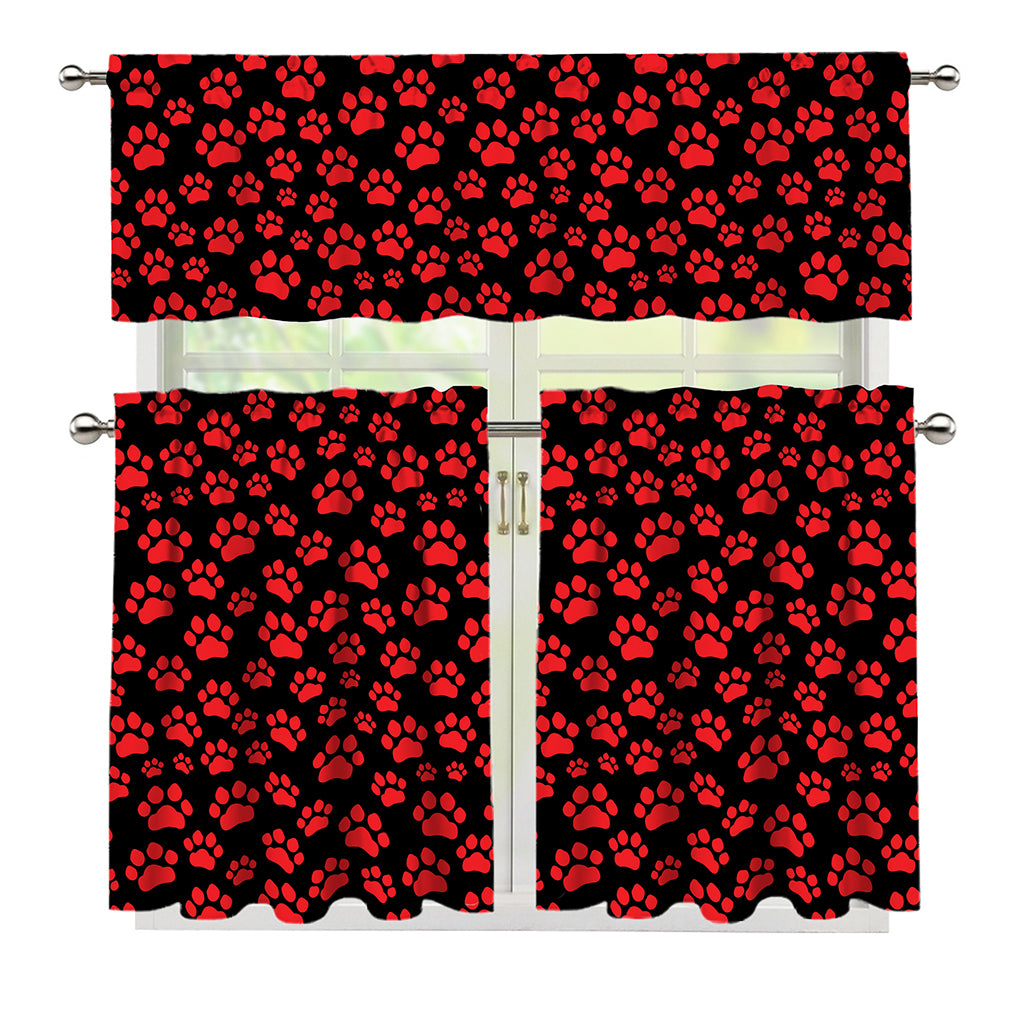 Red And Black Paw Pattern Print 3 Piece Kitchen Curtains