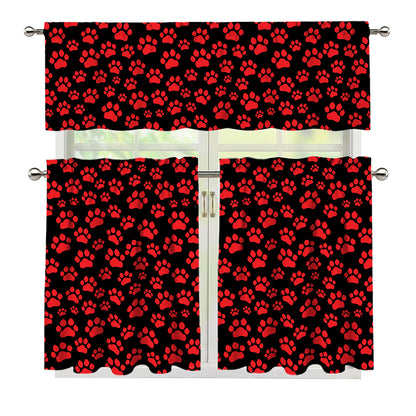 Red And Black Paw Pattern Print 3 Piece Kitchen Curtains