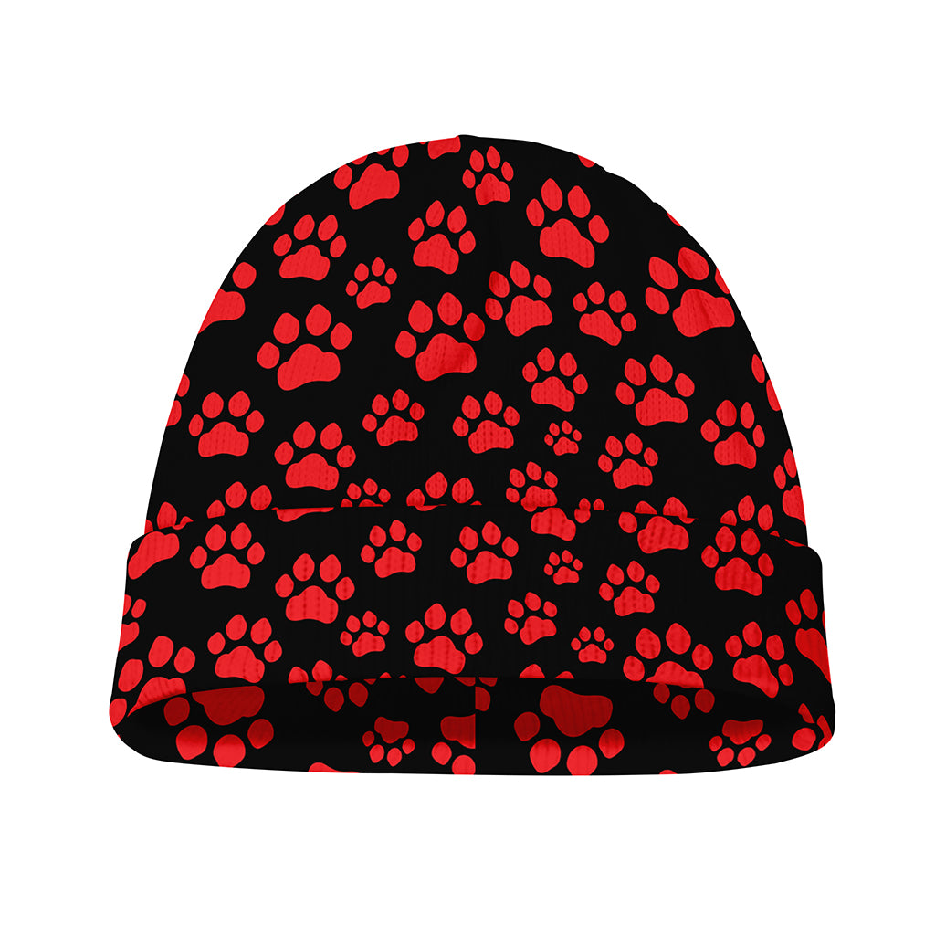Red And Black Paw Pattern Print Beanie