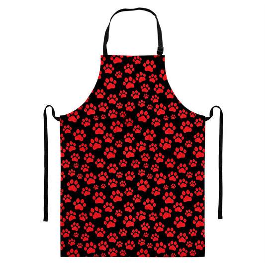 Red And Black Paw Pattern Print Bib Apron With Pocket