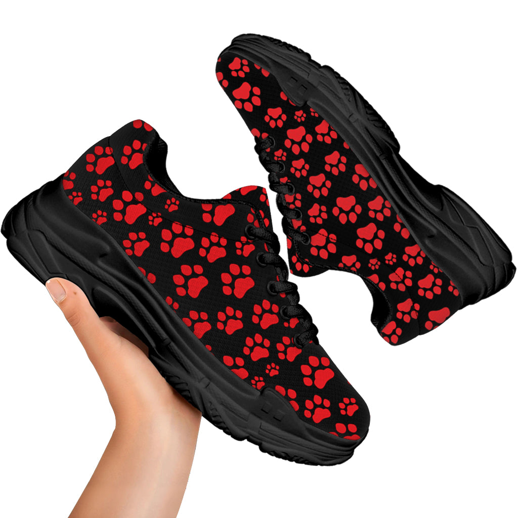 Red And Black Paw Pattern Print Black Chunky Shoes