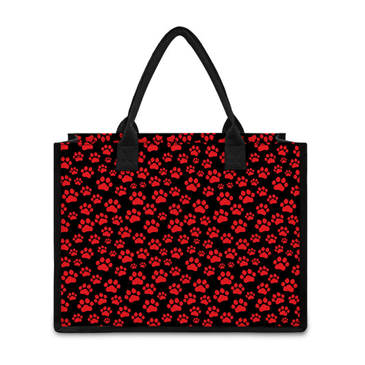 Red And Black Paw Pattern Print Canvas Tote Bag